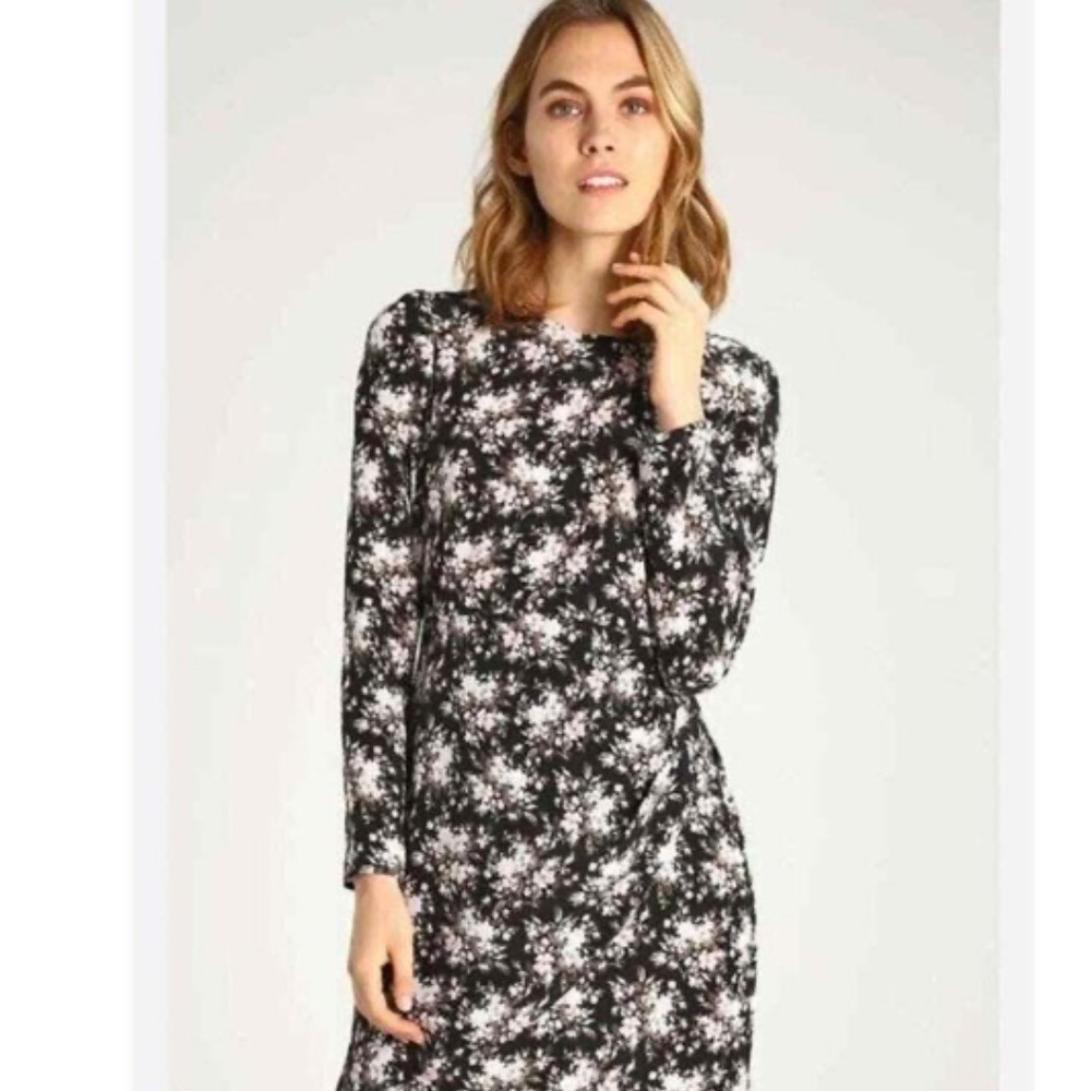 Club Monaco Silk Black Floral Amelda Faux Wrap Skirt Long Sleeve Mini Dress - Picture 4 of 10